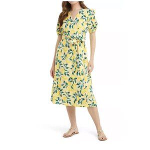 Draper James Dress Yellow Lemon Floral 100% Linen Wrap Midi Spring Size 24 NWT